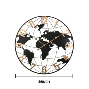 Reloj de Pared de Metal Negro de 36 Pulgadas, Diseño Moderno y Silencioso con Mapa del Mundo, Números Dorados Vintage, Reloj Decorativo para Pared de Casa - Product Image 6