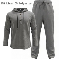 Ensemble de survêtement décontracté 2 pièces en lin pour homme, coupe ample, avec capuche Henley et pantalon à cordon, léger, idéal pour les vacances d'été à la plage (OEM/ODM)