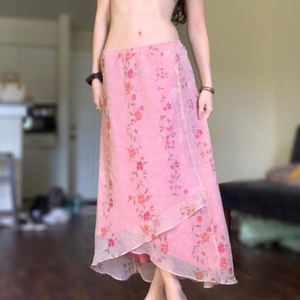 Falda Midi Asimétrica de Malla con Estampado Floral para Mujer, Cintura Media, Ligera, Informal, para Vacaciones, Versátil - Product Image 1