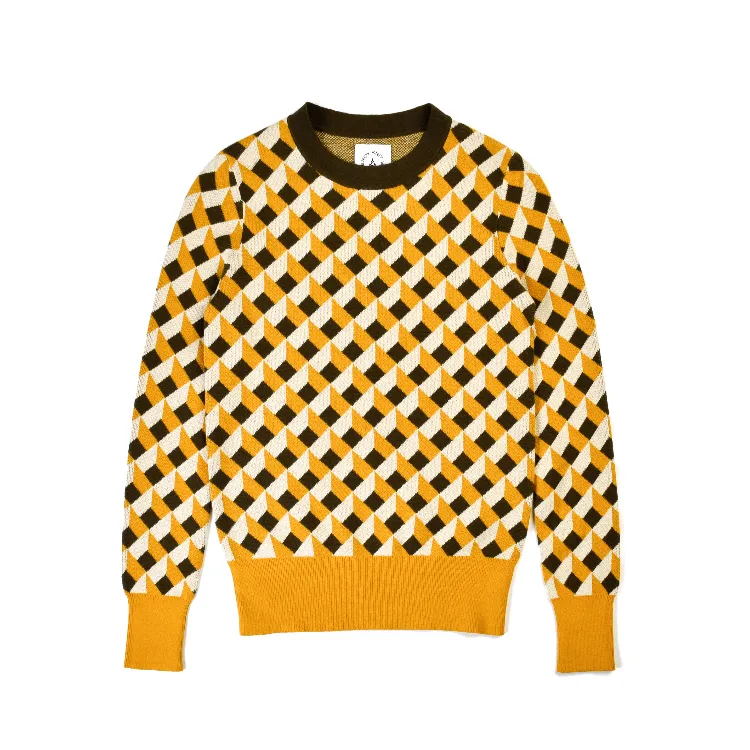 2022 Custom Yellow pattern check high quality knit winter crew neck knitted 100%cotton sweater pullover winter sweater women