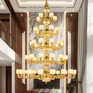 Lustre rond en cuivre et jade de style chinois, à plusieurs têtes, avec éclairage LED pour salon, villa, hall, éclairage principal - Product Image 2