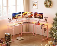 Ordinateur de bureau rose, grand bureau d'ordinateur en forme de L, bureau de jeu rose avec LED RVB