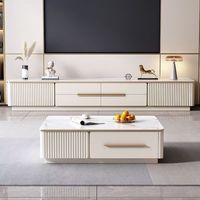 Ensemble Table Basse et Meuble TV en Pierre Frittée et Métal, Console Multimédia Moderne Rainurée avec Tiroirs de Rangement, Meuble de Salon Luxe Léger