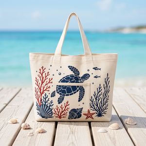 Bolsa de Compras de Algodón con Estampado de Tortuga Marina, Bolsa de Compras de Algodón con Diseño de Coral y Estrella de Mar - Product Image 3