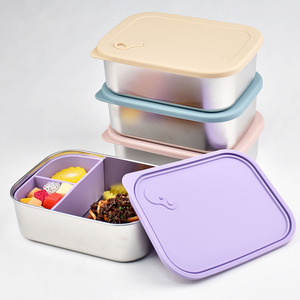 3 Compartment Stainless Steel Lunch <b>Box</b> With Plastic Lid BPA Free Leak Proof Portable Rectangle Shape Simple Style - Product Image 2
