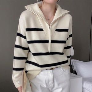 Autumn Winter Women's <strong>Striped</strong> Polo Collar Pullovers Sweater Half Zip Loose Lazy Warm Long Sleeve <strong>Jumper</strong> - Product Image 1