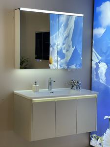 <span class=keywords><strong>Meuble</strong></span> de salle de bain mural avec armoire à pharmacie LED - <span class=keywords><strong>Meuble</strong></span> de salle de bain flottant blanc crème avec lavabo en céramique - Product Image 5