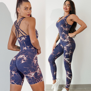Vente en gros de combinaisons d'entraînement sexy teintées à motifs sans couture pour femmes, shorts et leggings de yoga personnalisés à bretelles dans le dos - Product Image 5
