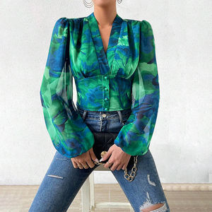 Camicette di Chiffon eleganti e Chemises da donna con stampa Vintage con scollo a V a maniche lunghe con stampa Vintage da donna - Product Image 6