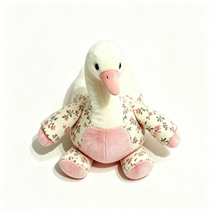Peluche d'oie florale personnalisée, peluche de cygne à imprimé fleurs roses vintage, poupée d'oiseau de ferme à ventre rose duveteux, style cottagecore - Product Image 1