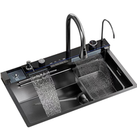 Évier de cuisine moderne en acier inoxydable 304 brossé, à cuve carrée unique, fait main, multifonction, avec robinet de rinçage intelligent à cascade