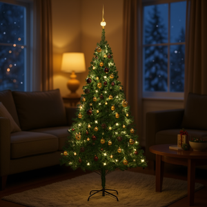 Sapin de Noël artificiel en PVC vert pré-éclairé de 70,9 pouces avec LED blanc chaud, pour intérieur, sur pied, avec ensemble de boules - Product Image 2