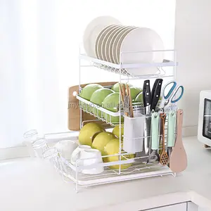 Estante de tres niveles para platos, organizador de cocina con tabla de cortar, soporte para tazas, estante de placa de alambre de almacenamiento