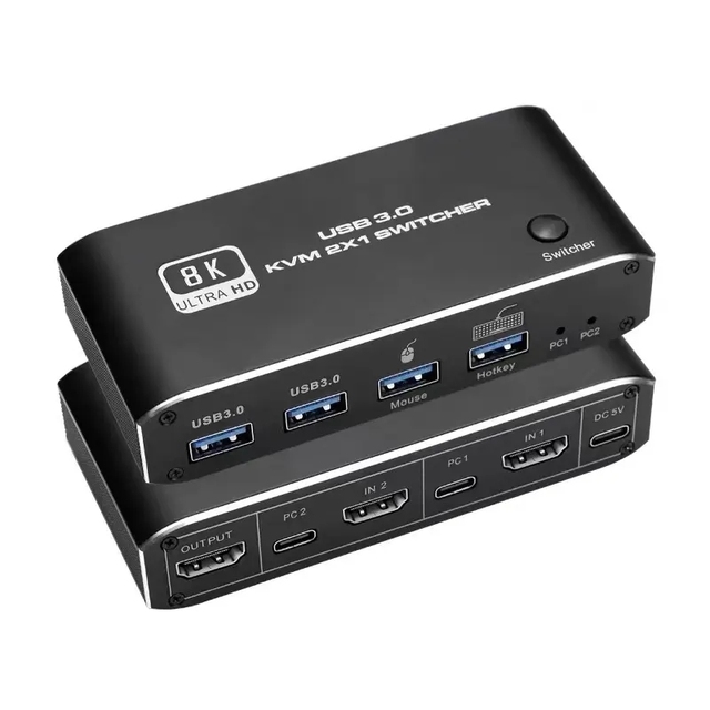 New 8K 2X1 HDMI2.1 KVM USB3.0 SWITCH 8K 60HZ Hotkey Switcher HDCP2.3 2 in 1 Out USB Switch for Computer Monitor Keyboard Mouse