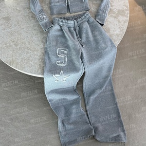 Custom Clothing Manufacturers Distressed Embroidery Patch <b>Zip</b> <b>up</b> Jackets Hoody and Sweatpants Gray <b>Cropped</b> Sweatsuit Set Women - Product Image 4