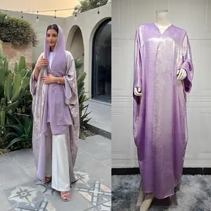 Vente en gros Hot Stamping Open Abaya Batwing Glitter Abaya Robe Satin Robe musulmane Femmes Dubai Kimono Abaya