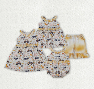Sibling Baby Girls Pigs Cows Tunic Checked Ruffle Short Farm <b>Clothes</b> Set Rompers - Product Image 1