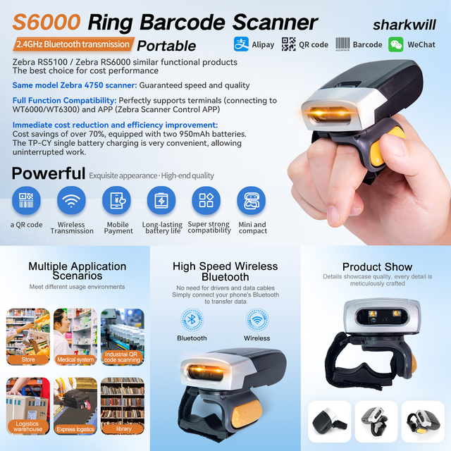 Black Zebra RS6000 2D 2.4G Laser Barcode Scanner Finger Trigger Wireless Wearable Barcode Scanner Reader