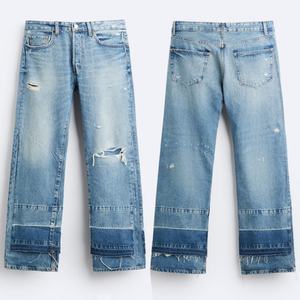 Jeans de Hombre al por Mayor, Nueva Moda, Personalizados, con Efecto de Capas Desiguales, Lavado Azul, Pierna Recta, Rotos - Product Image 1