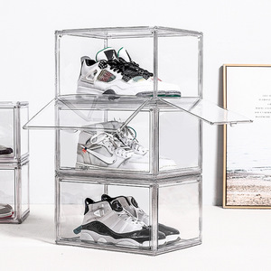 Custom Logo Acrylic foldable side open organizer case transparent plastic clear sneaker display shoe storage box Magnetic
