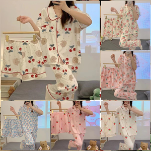 Conjunto de Pijama de Tres Piezas para Mujer, Precio Bajo al por Mayor 2026, Cárdigan, Pantalones Largos y Camiseta de Manga Corta, Diseño Delgado y Lindo con Dibujos Animados, Ropa para el Hogar - Product Image 1