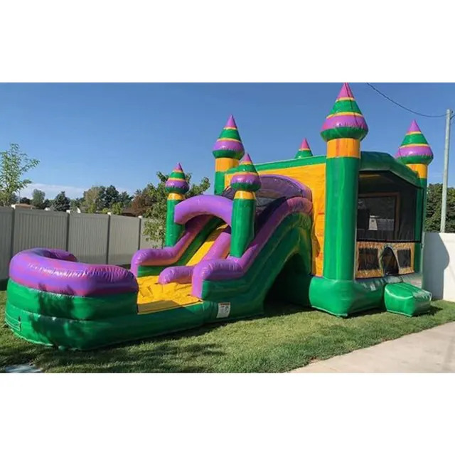Funny Dual lane Mardi Gras combo can be used Wet or Dry with a basketball hoop, splash landing pad and a large bouncing area
