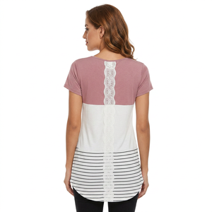 Vestido Camiseta de Manga Corta con Estampado de Rayas y Bloques de Color para Mujer, Corte Holgado, Cuello Redondo, Casual, de Longitud Media, Tejido, para Primavera/Verano - Product Image 3