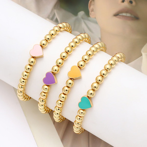 Nouveau Bracelet extensible de perles d'or de mode à la mode avec des bracelets porte-bonheur de coeur en émail coloré mignon pour les femmes filles - Product Image 4