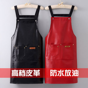 Leather <b>Apron</b> Waterproof Oil Proof For <b>Kitchen</b> Cooking Solid Color With Pockets - Product Image 1