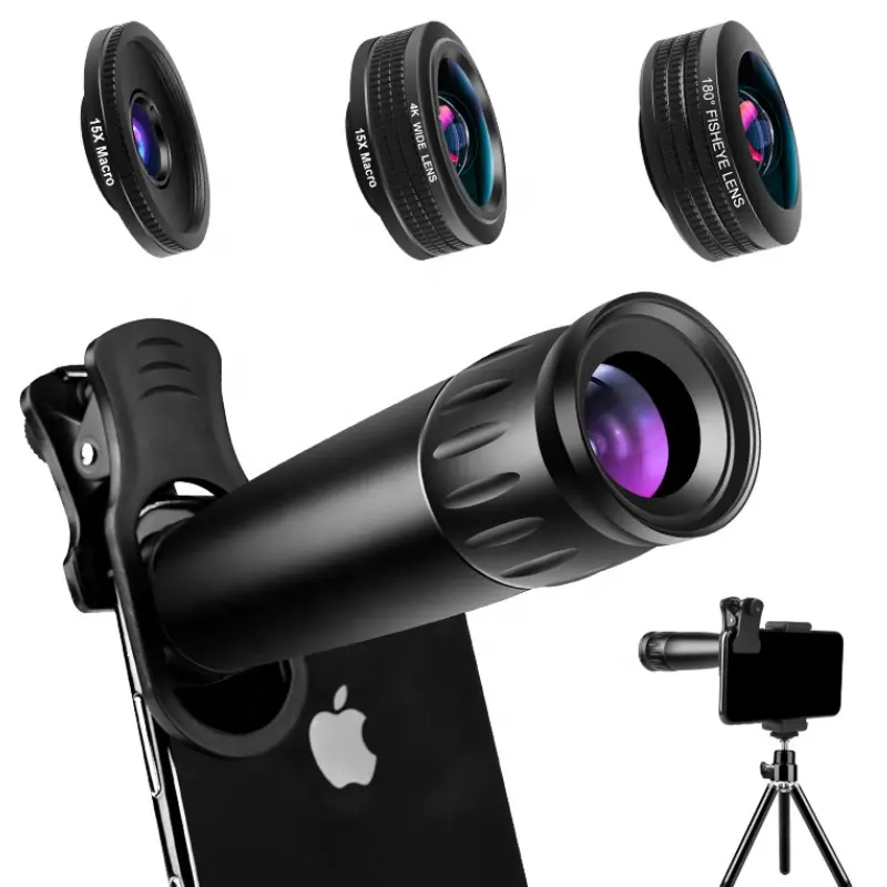 Teleskop ponsel, peralatan fotografi 22X teleskop mata ikan sudut lebar makro 4 in 1 Kit lensa kamera ponsel