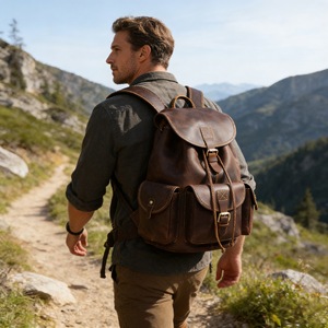 Dropshipping Shopify Outdoor Leisure Travel Backpack <b>Large</b> Capacity Genuine Leather Business Trip <b>Rucksack</b> Multi Pocket Retro - Product Image 2