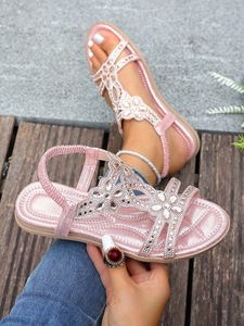 Women Floral Rhinestone T Strap Flat <b>Sandals</b> Glitter Upper <b>Elastic</b> Ankle Strap Slip Resistant Sole Summer Beach Casual Footwear - Product Image 3
