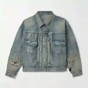 2024 ODM/OEM logo kustom kualitas tinggi saku ukuran besar jaket Denim landalising dicuci tertekan untuk pria