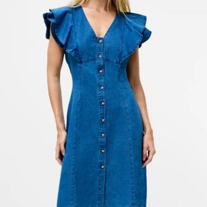Vestido Maxi Bohemio Informal de Mezclilla Chambray con Volantes, Diseño de Parches Sólidos, Cintura Elástica, Tejido Transpirable para Todas las Estaciones - Product Image 2