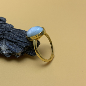 Women's 925 Sterling <strong>Silver</strong> Gemstone Jewelry Gold Plated Oval Shape Larimar <strong>Big</strong> Stone <strong>Rings</strong> Classic Style for Weddings Parties - Product Image 2