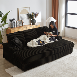 84Inch Corduroy Convertible 3-seater <b>Sofa</b> Set 3 Back Pillows 2 Toss Pillows 2 Ottoman 2 <b>Storage</b> Spaces Cup-Holding Grooves Hotel - Product Image 2