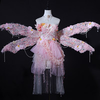 Costume de scène pour fées et anges, fait main, pour adultes, style kit, rose fleuri, court, en polyester