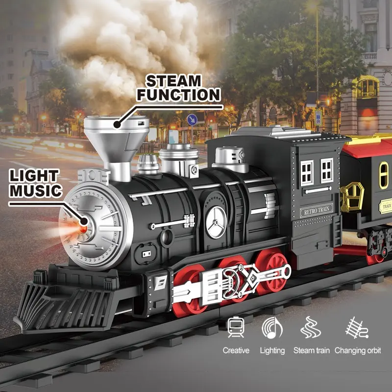 HUADA 2023, juego de tren eléctrico de Navidad de plástico, juguete de vía de tren de vapor clásico para niños