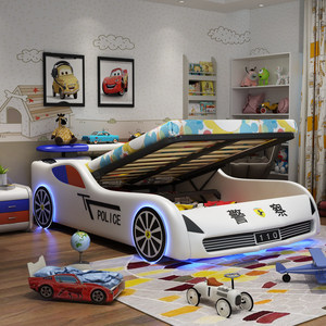 Lit de voiture moderne pour enfants avec roues lumineuses LED et fonction de rangement, lit de voiture de course rembourré pour garçons - Product Image 1