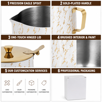 Pichet à Latte Art HC en Acier Inoxydable 600-2000ml, Bec Turc avec Couvercle et Poignée Dorée, OEM 5 pièces pour Cafés et Vente au Détail