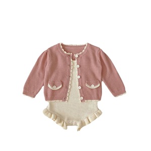 Nuovo Cappotto Autunnale Squisito in Cotone Lavorato a Maglia a Contrasto Colore, Monopetto con Bordo Ondulato e Bordo a Orecchio di Legno, Tinta Unita per Bambine - Product Image 5