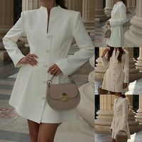 Robe Mini Élégante pour Femme de Bureau, Unie, Manches Longues, Col en V, Boutonnée, Taille Cintrée, Coupe Droite