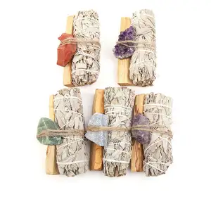 Natural White Sage Palo Santo Wood Smudge Incense Stick Bundle With Crystals Home Energy Cleansing