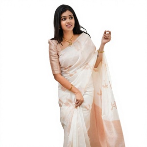 Sarees de Seda Suave Banarasi Tradicionales y Elegantes de Alta Calidad para Mujeres Indias, con Trabajo Zari, Lavables, Blusa Sin Coser, para Fiesta - Product Image 1