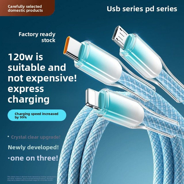 Certified Factory Price Cableusbc Multi-Color Crystal Gradient 120W Fast Charging Data Cable 6A Braided 1-to-3 Charger