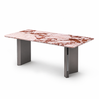 Table à manger rectangulaire moderne de luxe en marbre rose, plateau en pierre naturelle, base en acier inoxydable brossé titane, table de cuisine