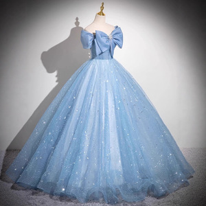 Blue Off-Shoulder Ball Gown Empire Waist Sparkle Tulle Graduation Evening Dress For Women Host Vocal Exam Dress - Product Image 2