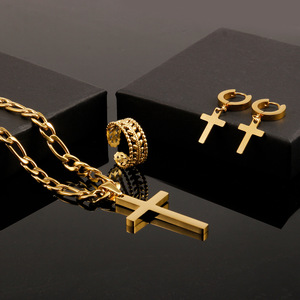 Conjunto de Joias Clássicas em Aço Inoxidável: Colar com Pingente de Cruz e Corrente Figaro, Brincos e Pulseiras Religiosas Femininas - Product Image 1