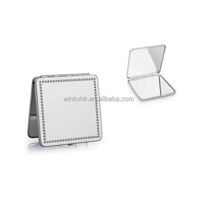 Beauté Mini métal forme carrée motif perlé miroir de maquillage cosmétique pliant portable voyage argent miroir cosmétique