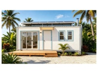 Maison préfabriquée de luxe en conteneur, 1 chambre, 1 salle de bain, villa écologique tropicale, panneaux solaires, revêtement blanc, portes coulissantes bleues, terrasse en bois, clé en main